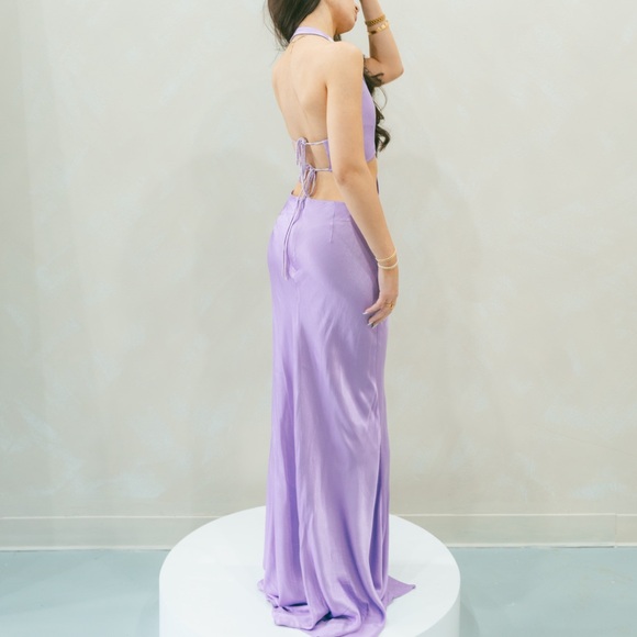 Sau Lee Salome Gown In Purple Satin High Slit Bow Halter Dress Size 4 - Picture 7 of 10